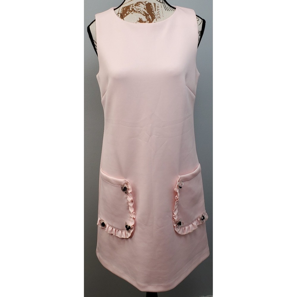 Betsey Johnson Pale Pink Sleeveless Midi Shift Dress with Ruffled Pockets